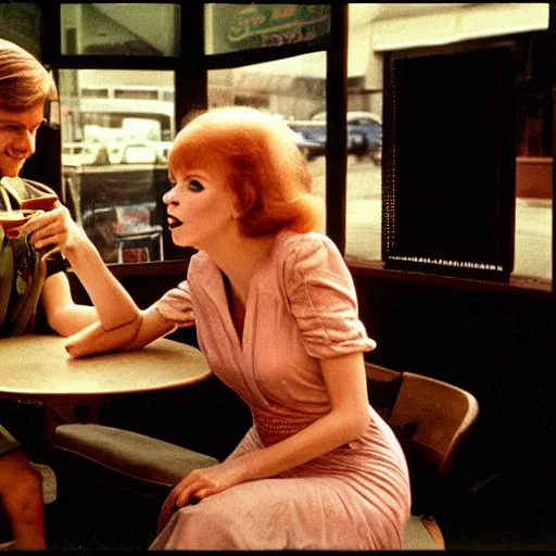 Prompt: 1981 color archival photo of a glamorous woman in a dress, and her friend, Casper the Friendly Ghost, in a sidewalk cafe, 16mm film soft color, earth tones and soft color 1981, live-action archival footage, in style of doris wishman russ meyer, woman looks like young mia farrow