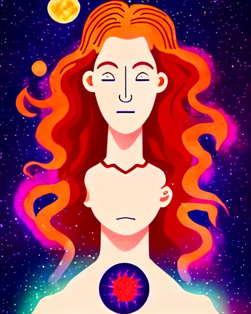 Image similar to tarot card of space astral girl, red hair, ginger hair, fantasy, glowing skin, smooth face, perfect eyes