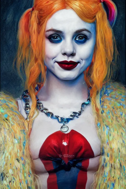 Image similar to portrait of beautiful young Harley Quinn maiden, highly detailed, artstation, illustration, art by Gustav Klimt