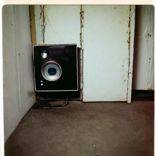 Prompt: dark concrete room with a tv on the ground inna dark doorway, creepy, eerie, old polaroid, expired film,