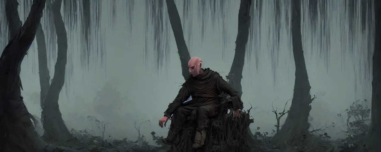 Image similar to duotone noir illustration close up of bald merchant demon sitting in midair among willow tree in medieval brown tunic. foggy evening. dark dream atmosphere with volumetric hellish lighting, by sachin teng and sergey kolesov and ruan jia and heng z. graffiti art, scifi, fantasy, hyper detailed. octane render. concept art. trending on artstation