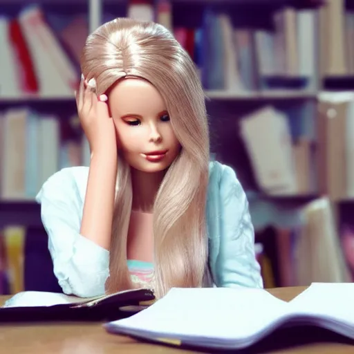 Image similar to a tired!!!!! and sad!!!!! looking barbie doll sits at a desk in her office. the desk is overflowing!!! with several large stacks!!! of paper that surround!!! her entirely. her head is resting on her hand, photorealistic,