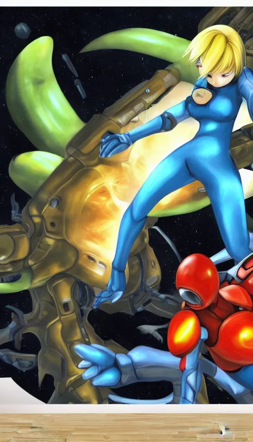 Prompt: portrait! of zero suit samus devouring!! her metroid son!! by francisco!! goya!!, wall mural, 4 k, high quality