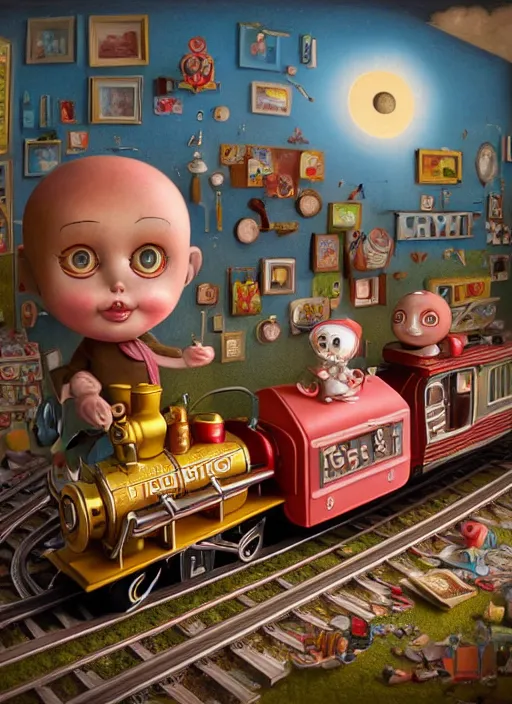 Image similar to highly detailed wide - angle portrait of a cute tin toy retro train set, nicoletta ceccoli, mark ryden, lostfish, earl nore, hyung tae, frank frazetta, global illumination, god rays, detailed and intricate environment