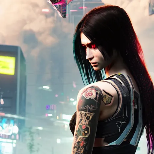 Image similar to Robot girl with long hair and tattoo style game CYBERPUNK 2077 , a very beautiful portrait, style DEUS EX: MANKIND DIVIDED, girl entwined with flowers, photorealism
