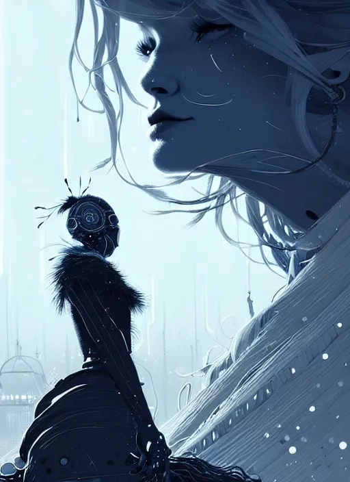 Image similar to highly detailed portrait of a frostpunk long blonde hair lady tribal lady, stray wiring by atey ghailan, james gilleard, by joe fenton, by greg rutkowski, by greg tocchini, by kaethe butcher, 4 k resolution, gradient blue, black and white color scheme!!! ( ( glaciated robotic dystopian city background ) )