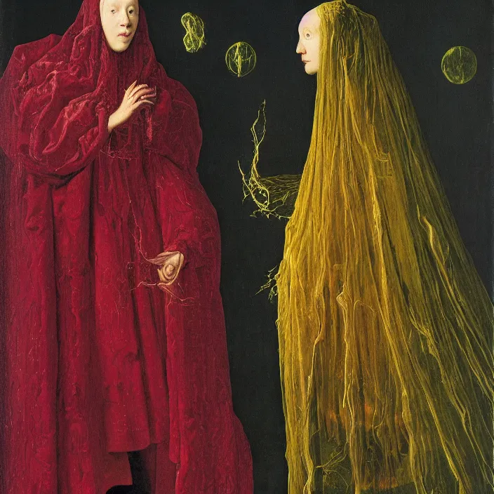 Image similar to a closeup portrait of a cloaked woman floating next to an squid nebula, squid nebula, by jan van eyck