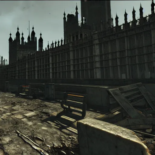 Image similar to Houses of Parliament, London in ruins post-nuclear war in Fallout 4, in game screenshot