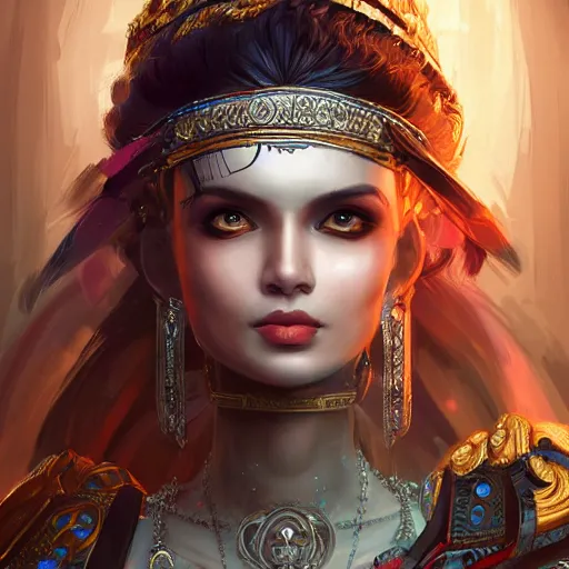 Image similar to A portrait of a cybernetic royal dark baroque indian tribal gamer girl. , trending on artstation, digital art, by Stanley Artgerm Lau, WLOP, Rossdraws, James Jean, Andrei Riabovitchev, Marc Simonetti, Yoshitaka Amano