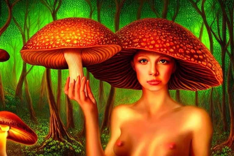 Prompt: a realistic portrait of a beautiful mushroom goddess in an enchanted psychedelic mushroom forest, at sunset,