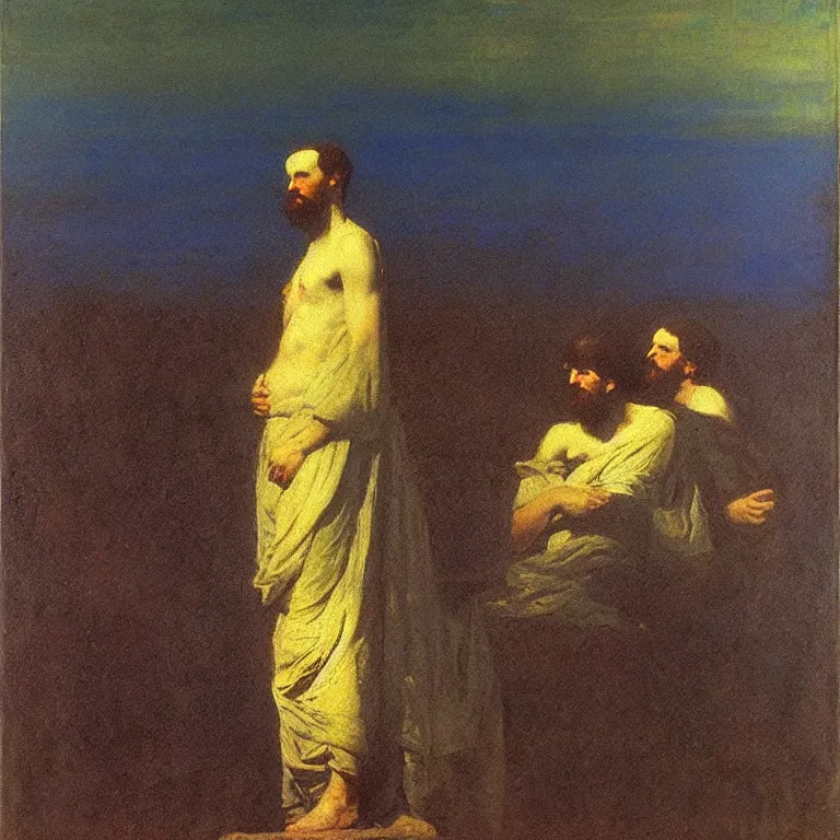 Image similar to thus spoke zarathustra, before dawn, oil painting, abbott handerson thayer, blue palette