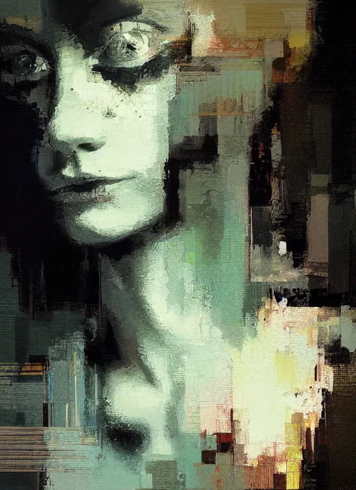 Image similar to a beautiful glitched painting by christian hook of a woman in a bathroom, brushstrokes by jeremy mann, still life, dark colors