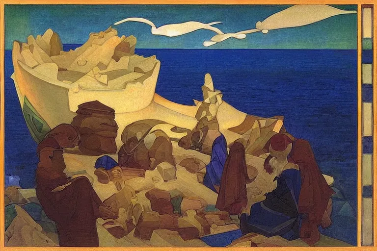 Image similar to the wake of the unseen object,by Nicholas Roerich and William Dyce and ford madox brown, symbolist, dramatic lighting, elaborate geometric ornament, cool blue and green colors, Art Brut, smooth, sharp focus, extremely detailed