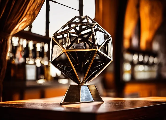 Image similar to a reflective geometric polyhedral steel engineering trophy at a high end bar in a medieval themed castle in golden afternoon light, professional food photography