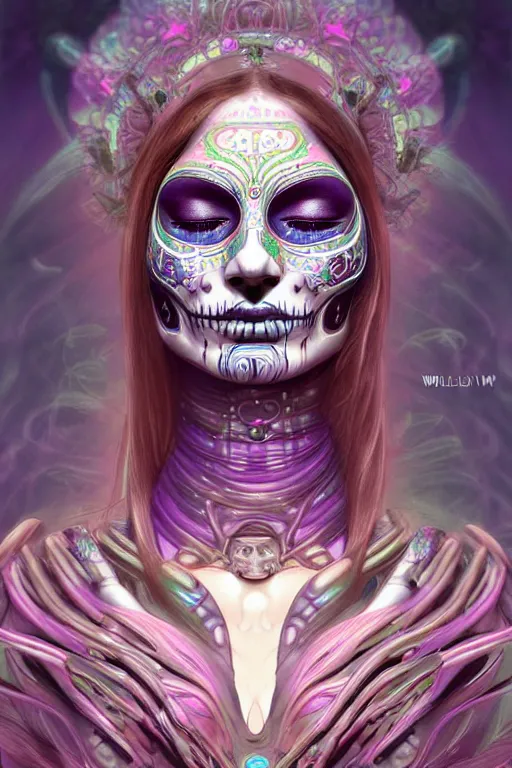 Prompt: ultra detailed female android deity, eyes closed, 8 k, flowerpunk, psychedelic vector art, digital painting, sci - fi, fantasy, moody, calm, ( dia de los muertos ), asymmetrical, concept art, art by artgerm and giger and michael welan and alphonse mucha and loish and wlop