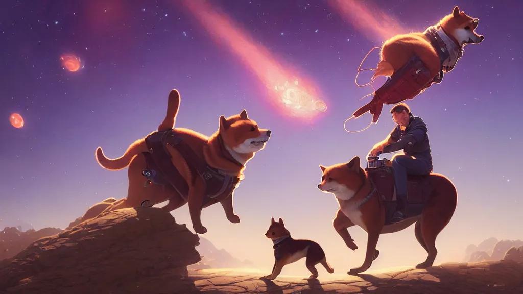 Image similar to Highly detailed portrait of Elon musk riding a shiba inu, Stephen Bliss, unreal engine, fantasy art by Greg Rutkowski, Loish, Rhads, ferdinand knab, Makoto Shinkai and Lois van baarle, ilya kuvshinov, rossdraws, Tom Bagshaw, alphonse mucha, global illumination, radiant light, detailed and intricate environment