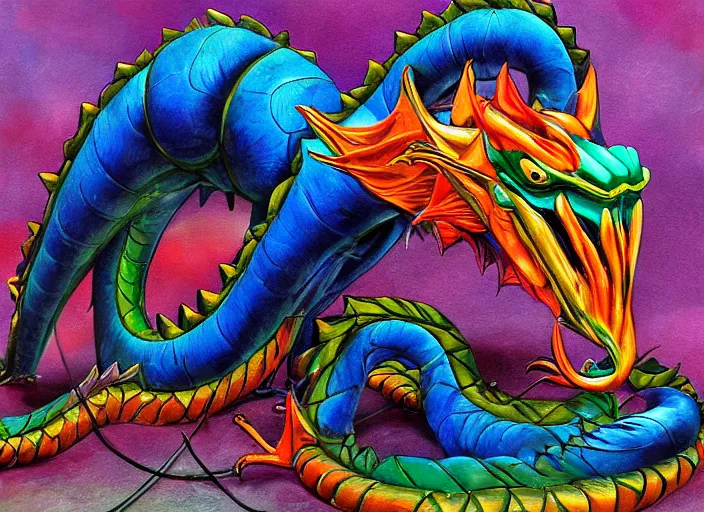 Image similar to The majestic rubber dragon has been punctured, and is now slowly deflating! Fantasy painting, colorful, somber, sorrowful