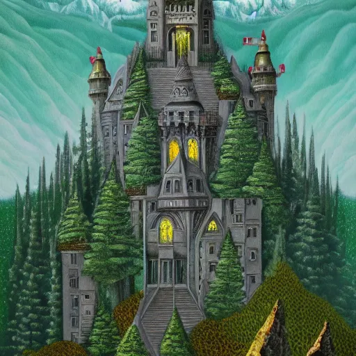 Image similar to a beautiful ultradetailed painting of high fantasy surreal arcane castle on a green mountain above a forest by wes anderson trending on artstation