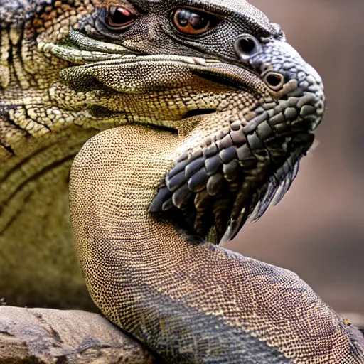 Image similar to hawk and Komodo dragon hybrid animal, highly detailed photography, picture taken at zoo