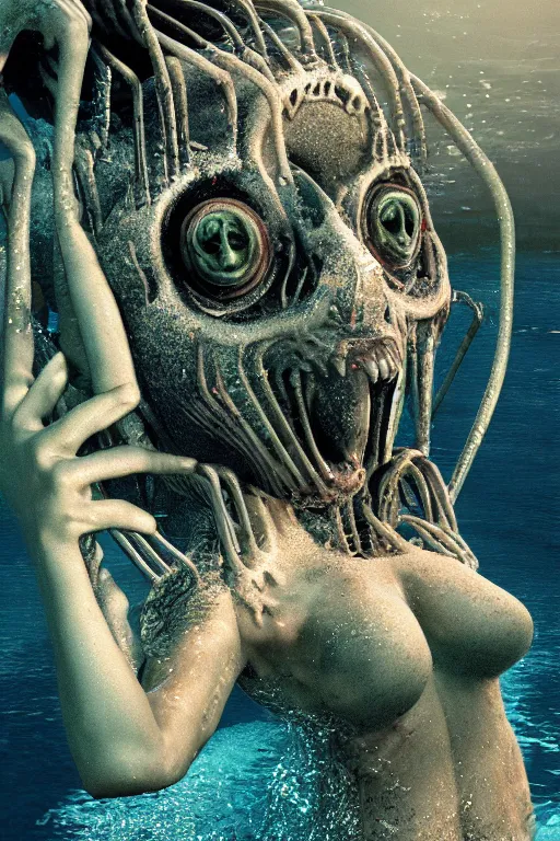 Prompt: summer swimming party, body horror, h.r. Giger, octane render