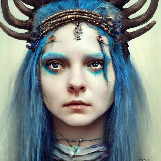 Image similar to A young female shaman, blue hair and antlers on her head. blindfolded, heilung, in the style of Heather Theurer, headshot photoshoot, insanely detailed and intricate, beautiful, elegant, cinematic toplight, portrait, headroom, artstation, made by karol bak, karol bak, karol bak