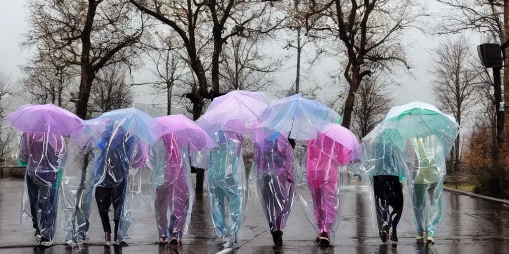 Image similar to transparent raincoats holding transparent umbrellas