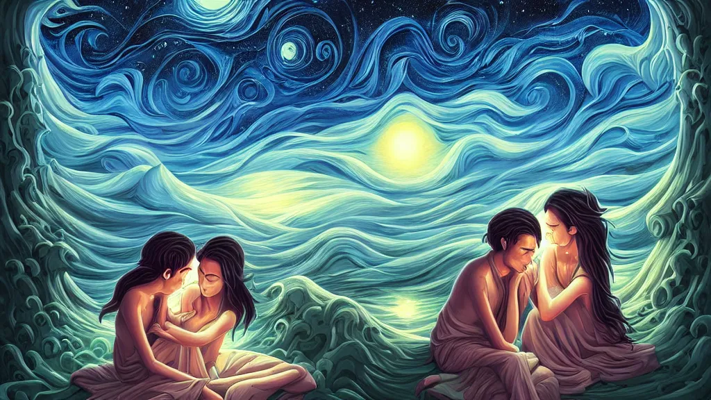 Image similar to in love by cyril rolando and naomi okubo and dan mumford and ricardo bofill. lovecraft. lovecraftian. starry night swirly sky.