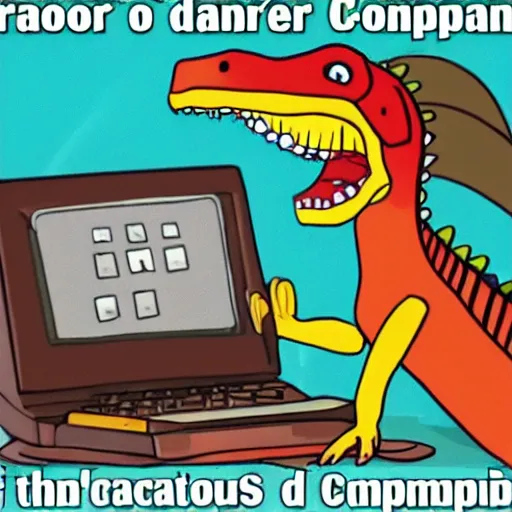 Prompt: dinosaur invented computer