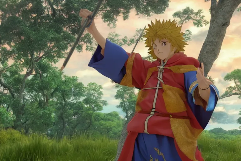 Image similar to a detailed 3 d render of king richard the lionhearted as a shonen anime protagonist, poncho, 1 8 th century south america, octane render, 8 k, volumetric lighting, in the style of disney, art by albert bierstadt and greg rutkowsi