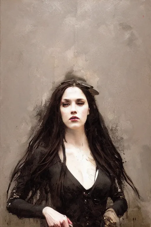 Image similar to Richard Schmid and Jeremy Lipking full length portrait painting of a young beautiful victorian steampunk vampire woman