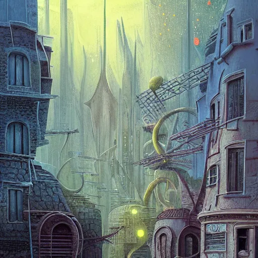 Image similar to artistic digital artwork of a city scene on an alien planet. beautiful landscape by vincent bons, michael whelan, remedios varo and gerardo dottori. grainy and rough. interesting pastel colour palette. beautiful light. oil and water colour based on high quality render.