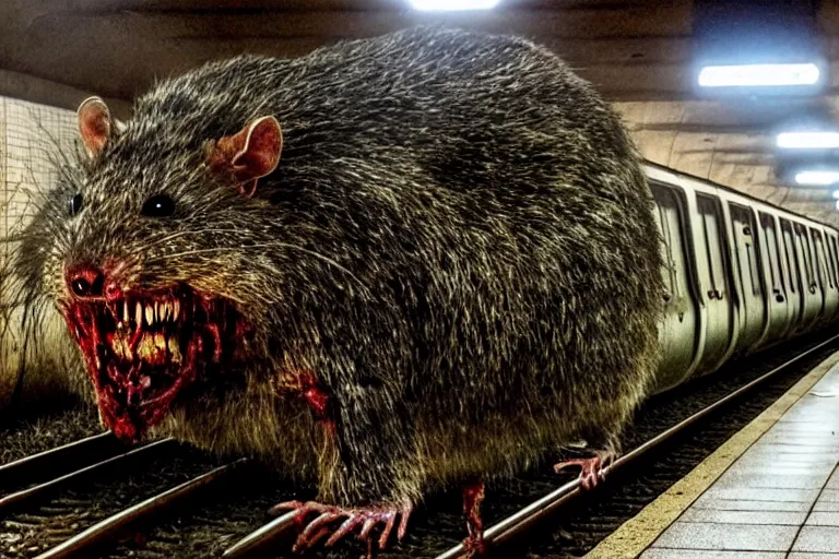 Prompt: very large giant mutant zombie irradiated ( angry rat ) staying on railways in tonnel of moscow subway. tonnel, railways, giant angry rat, furr, fangs, claws, very realistic. extreme long shot, 1 6 mm, rusty colors, anish kapoor, ( herman nitsch, giger ).