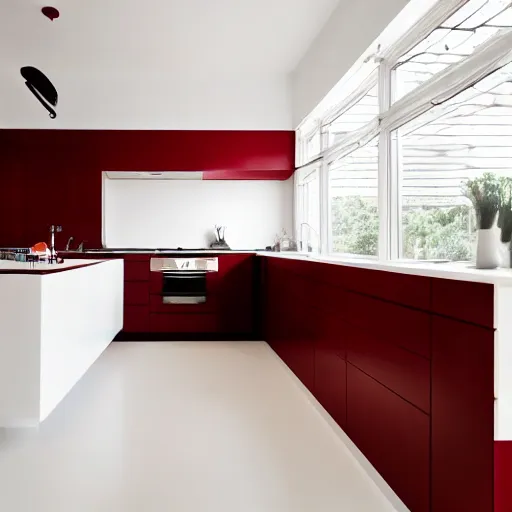 Image similar to photo of black, matte kitchen fronts surfaces and furniture, dark red walls at the back, white floor tiles on the ground, white ceiling, architecture, concept art