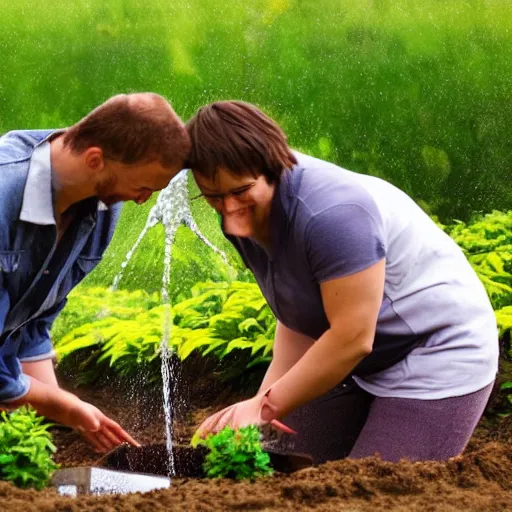 Image similar to a couple watering each other's heads which are made of plants and the sun is shining