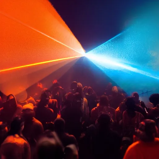 Image similar to love, giant group diverse bodies, smoke lasers, darkness, from behind, rebirth rituals, wide angle, elaborate, smoke, red dot, orange line, blue mist, highly detailed, beautiful lighting