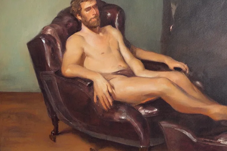 Image similar to a oil painting painting of a caucasian man relaxing on a brown reclined leather chair