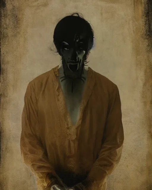 Prompt: a handsome but sinister ghost in layers of fear, with violence in his eyes, 1 9 7 0 s, seventies, woodlands, delicate embellishments, painterly, offset printing technique, by mary jane ansell