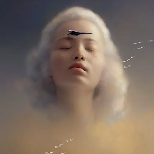 Prompt: a lot of tiny white birds flying in the sky, a beautiful portrait of a cloud goddess with closed eyes, by Greg Rutkowski and Raymond Swanland, Trending on Artstation, ultra realistic digital art