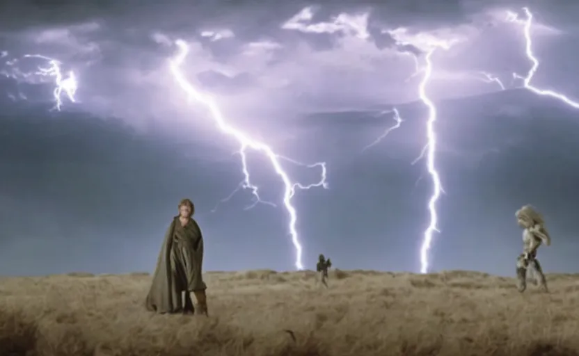 Image similar to screenshot portrait of Luke Skywalker in a windy lightning battlefield with scattered ruins of a fiery jedi rock temple, surrounded by giant AT-AT walkers, with young jedi army behind him, iconic scene from 1970s film by Stanley Kubrick, last jedi, 4k HD, cinematic lighting, beautiful portrait of Mark Hammill, moody scene, stunning cinematography, anamorphic lenses, kodak color film stock