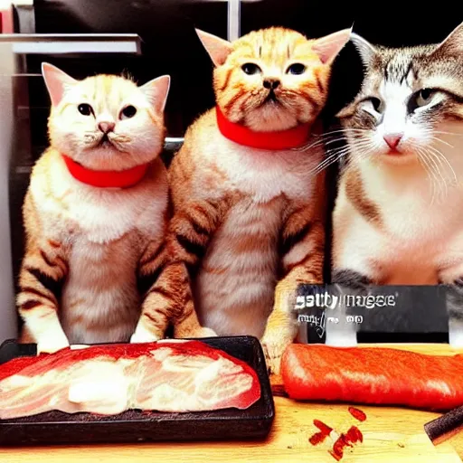 Prompt: angry japanese butcher slices meat next to two cute cats looking at him