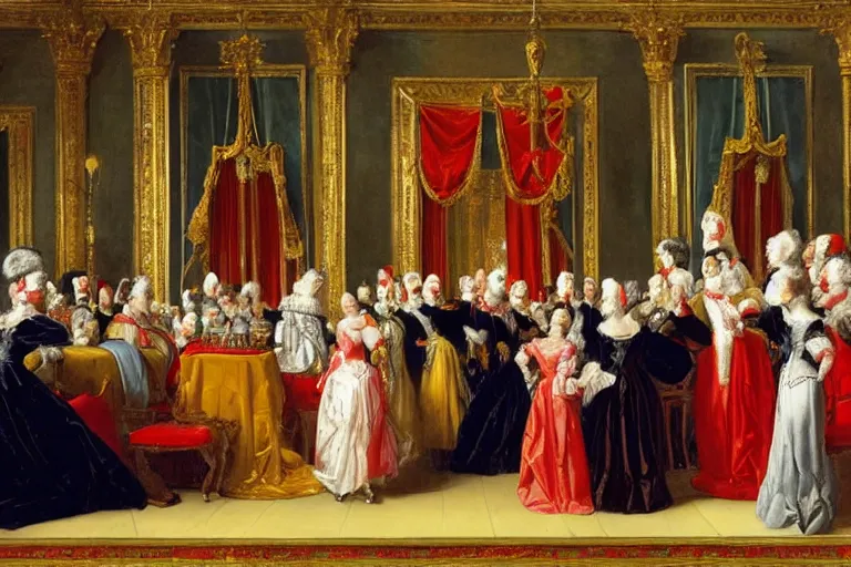 Image similar to the queen of england surrrounded by her court, painting by le nain