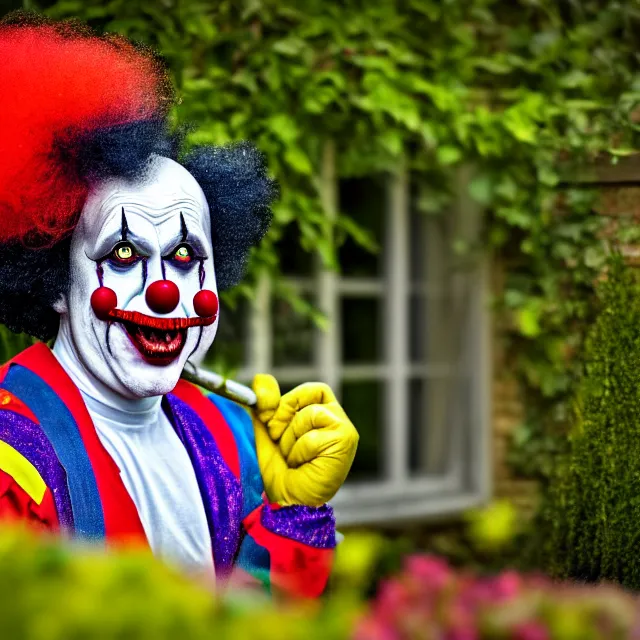 Image similar to looking at a scary clown in the garden from the window, highly detailed, 8 k, hdr, smooth, sharp focus, high resolution, award - winning photo