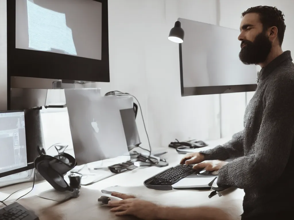 Prompt: man's bearded face lit up by the glow of laptop and monitor screen as works late at night at desk, photorealistic