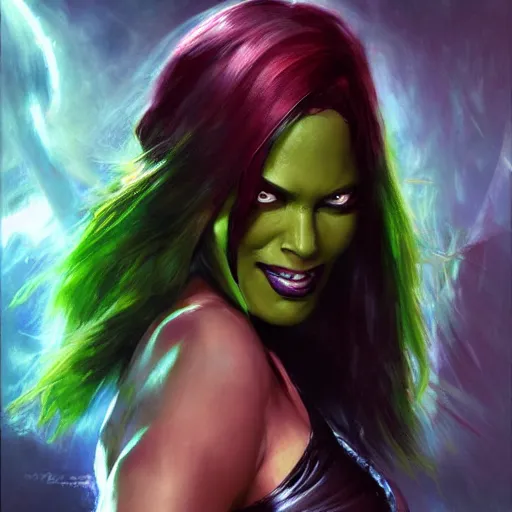 Image similar to Gamora, paint by Raymond Swanland