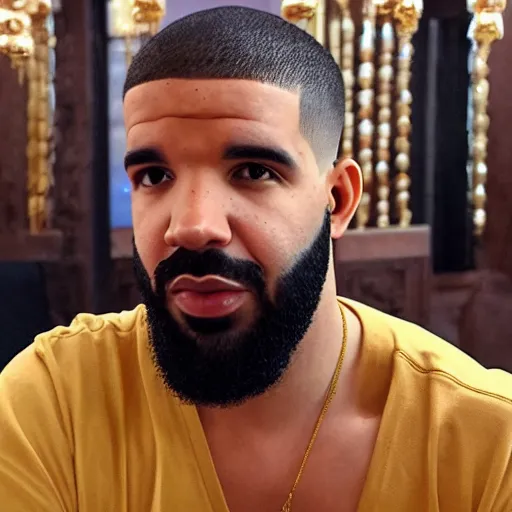 Prompt: photo of drake, gold necklace, buzz cut, beard, hindu temple in background