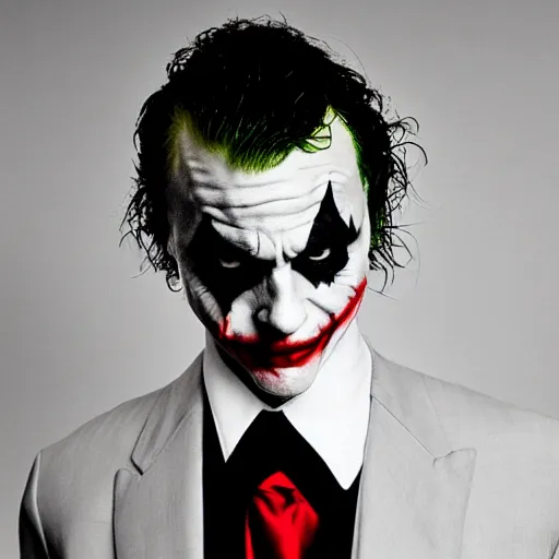 Image similar to the joker from the dark knight posing for senior prom photos, wearing black suit with red tie | digital photograph