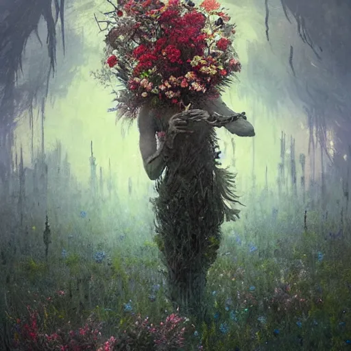 Image similar to a beautiful terrifying monster made of flowers. ethereal horror fantasy art by greg rutkowski and magali villanueve and monet