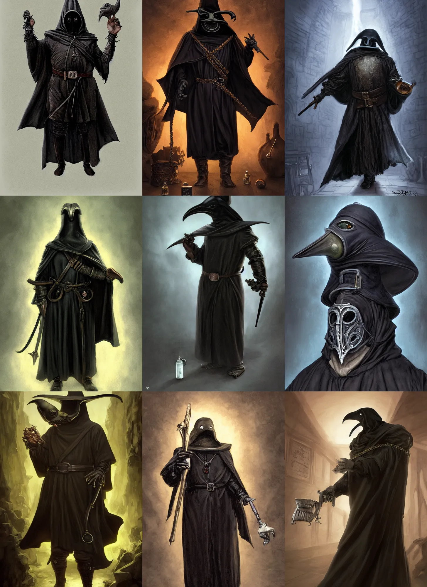 Prompt: a portrait, a plump amphibious humanoid wearing a pointy bird style black plague doctor mask, short in stature, wearing black medieval robes, medical doctor, small vials and pouches on belt, spellcaster, style by donato giancola, wayne reynolds, jeff easley dramatic light, high detail, cinematic lighting, artstation, dungeons and dragons