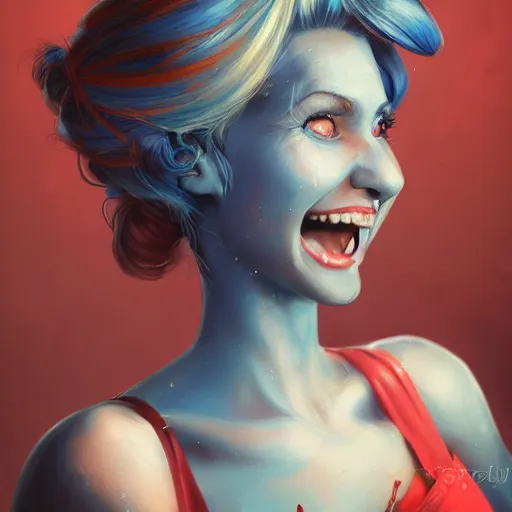 Prompt: an insanely detailed portrait of a smiling beautiful barmaid with short blue hair working at a rustic saloon, wearing red dress, highly detailed features, sparkling blue eyes, long eyelashes, in the style of peter mohrbacher, artgerm, dramatic lighting and composition, octane render, trending on artstation, concept art 8 k