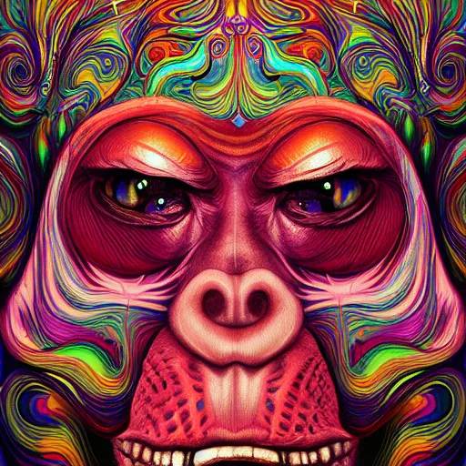 Prompt: An extremely psychedelic portrait of a monkey, surreal, LSD, face, detailed, intricate, elegant, lithe, highly detailed, digital painting, artstation, concept art, smooth, sharp focus, illustration